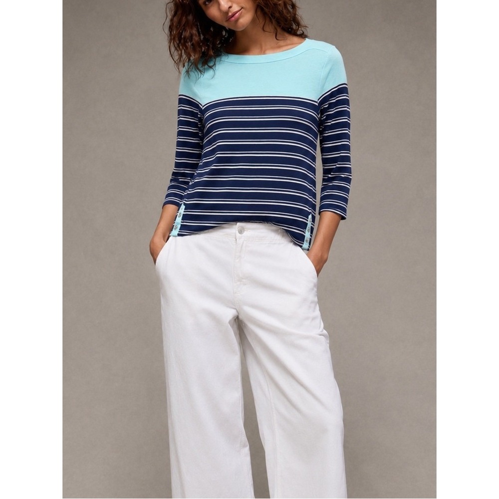 Studio Works Blue Nautical Striped Quarter Sleeve Boatneck Shirt